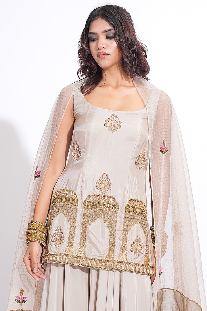 Taupe Silk Wedding Sharara Set by Shruti S at Pernia's Pop Up Shop