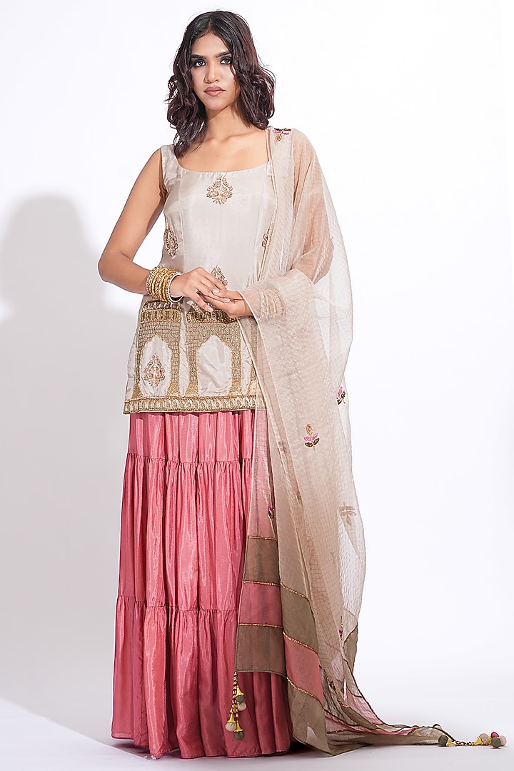 Taupe Silk Skirt Set by Shruti S at Pernia's Pop Up Shop