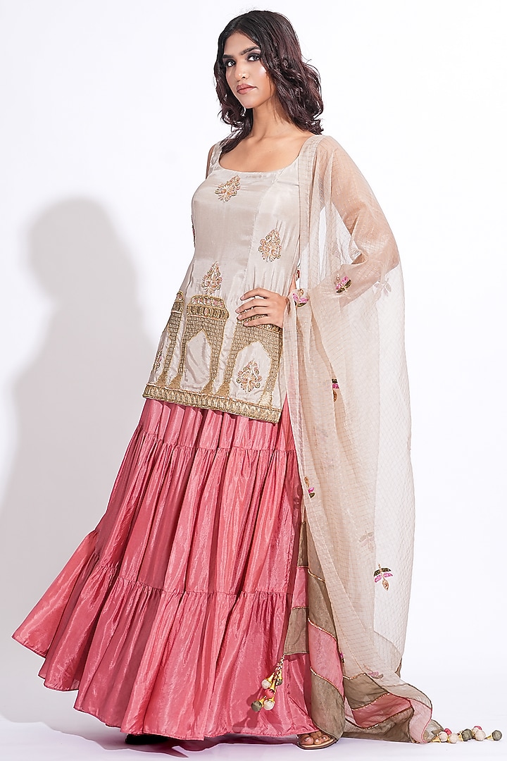 Taupe Silk Skirt Set by Shruti S at Pernia's Pop Up Shop