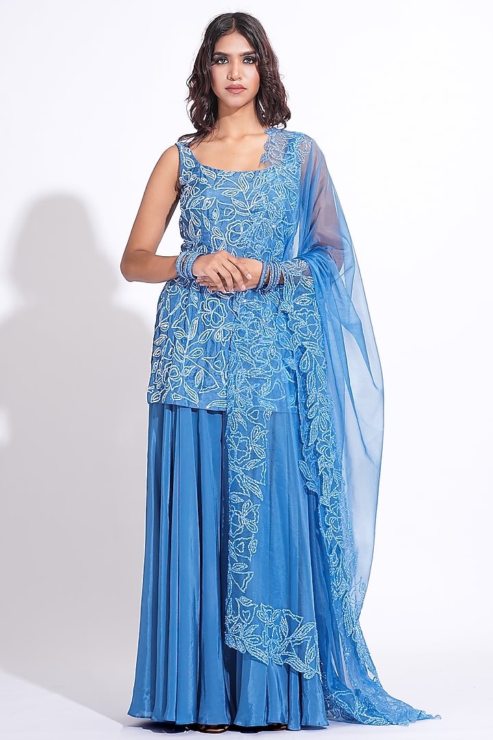Cobalt Blue Crepe Wedding Sharara Set by Shruti S at Pernia's Pop Up Shop