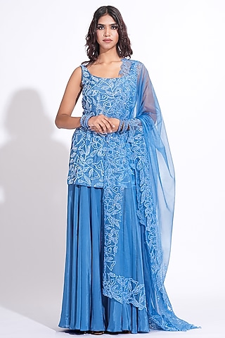 Cobalt Blue Crepe Sharara Set by Shruti S