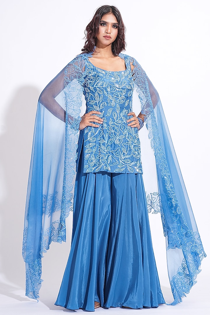 Cobalt Blue Crepe Wedding Sharara Set by Shruti S at Pernia's Pop Up Shop