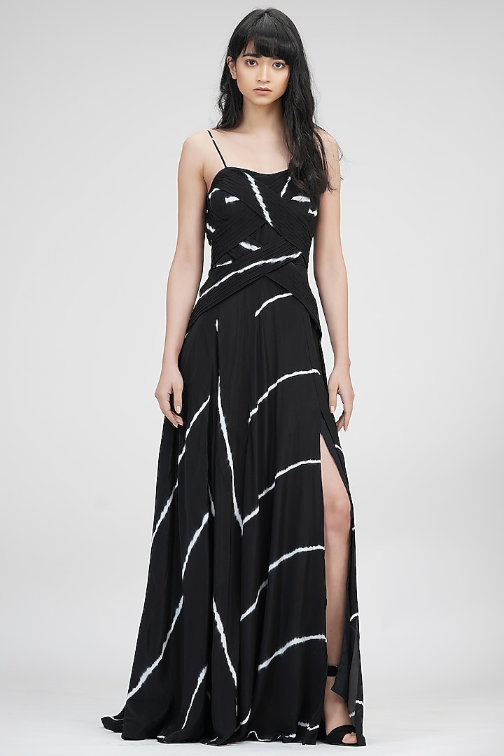 Black Viscose Crepe Printed Maxi Dress by Shruti S