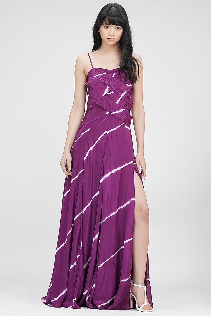 Wine Viscose Crepe Printed Maxi Dress by Shruti S