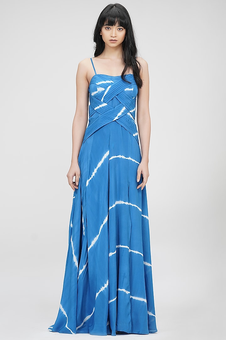 Cerulean Blue Viscose Crepe Printed Maxi Dress by Shruti S