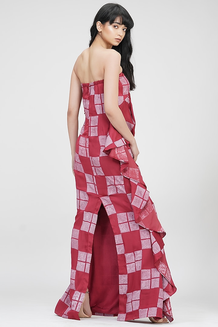 Carrot Red Satin Hand Block Printed Ruffled Vacation Dress by Shruti S at Pernia's Pop Up Shop