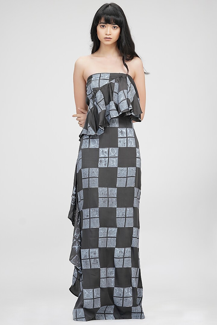 Grey Satin Hand Block Printed Ruffled Dress by Shruti S