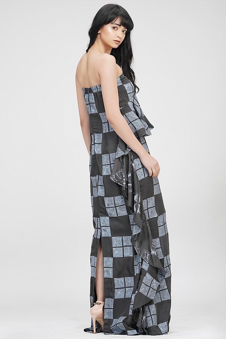 Grey Satin Hand Block Printed Ruffled Vacation Dress by Shruti S at Pernia's Pop Up Shop