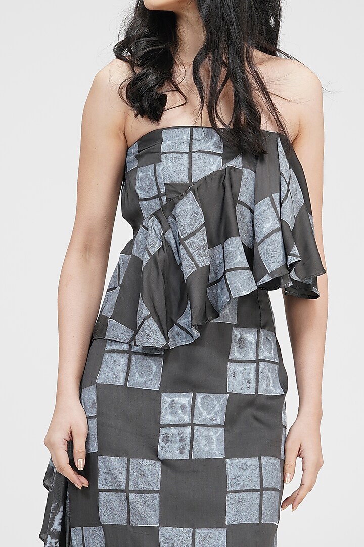 Grey Satin Hand Block Printed Ruffled Vacation Dress by Shruti S at Pernia's Pop Up Shop