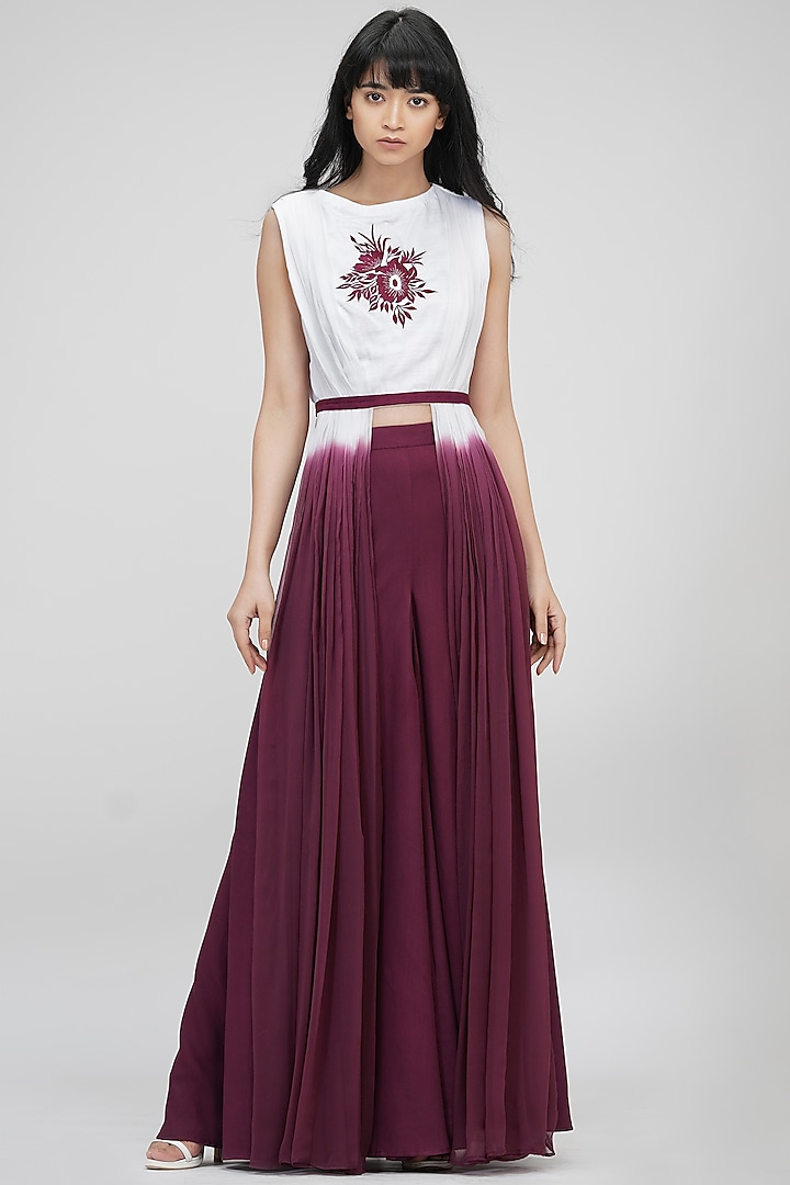 Wine & White Embroidered Co-Ord Set by Shruti S