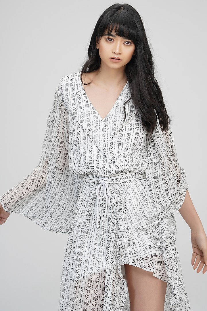 White Georgette Hand Painted Wrap Vacation Dress by Shruti S at Pernia's Pop Up Shop
