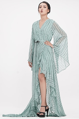 Sage Green Georgette Hand Painted Wrap Dress by Shruti S