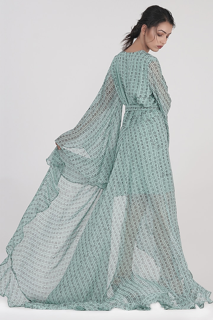 Sage Green Georgette Hand Painted Wrap Vacation Dress by Shruti S at Pernia's Pop Up Shop