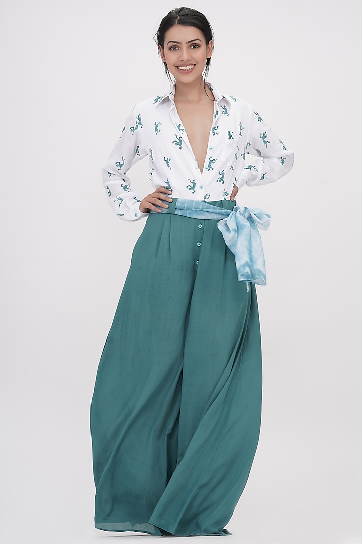 White & Teal Modal Printed Jumpsuit by Shruti S