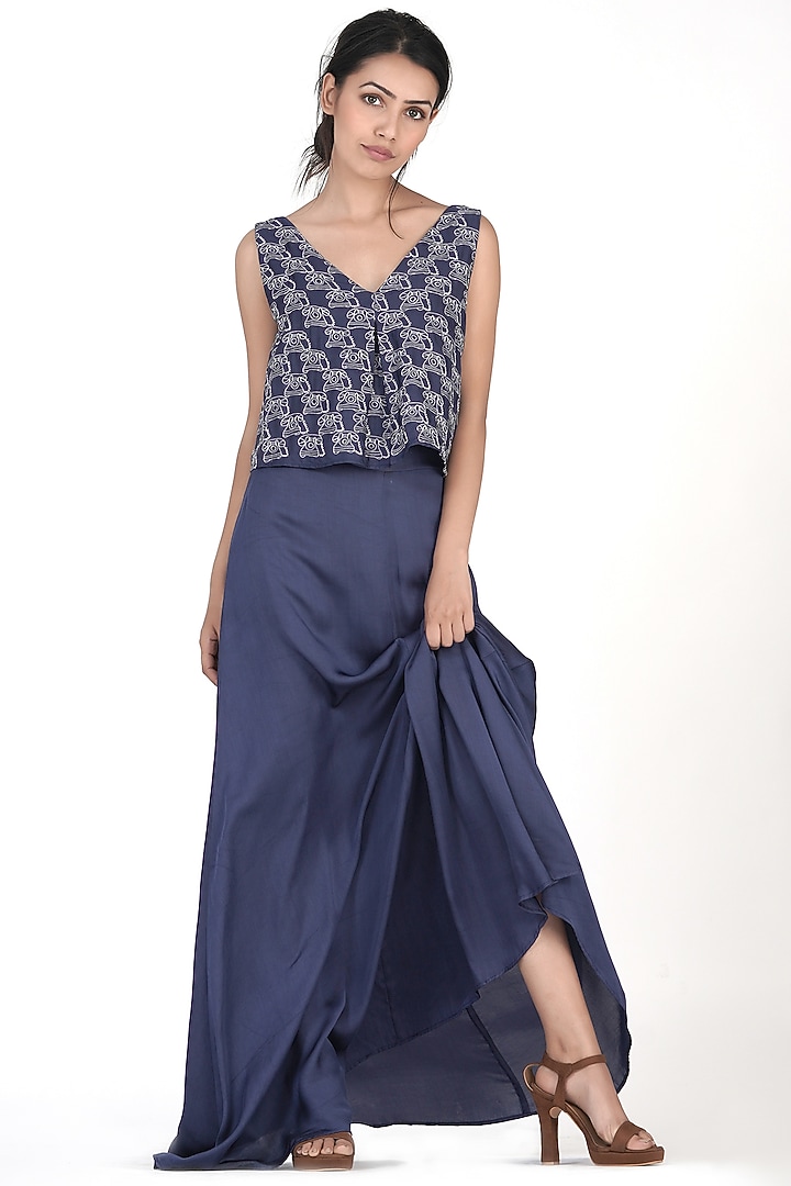 Blue Modal Embroidered Maxi Vacation Dress by Shruti S at Pernia's Pop Up Shop