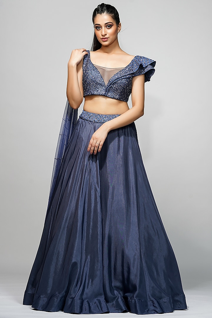 Bluish Grey Silk Wedding Lehenga Set by Shruti S at Pernia's Pop Up Shop