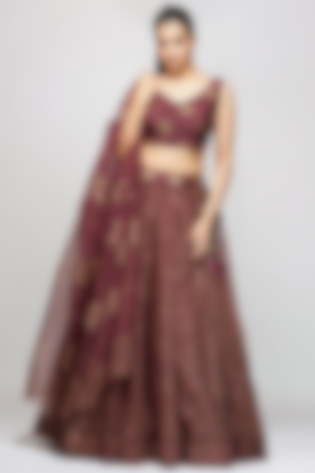 Wine Hand Painted Lehenga Set by Shruti S