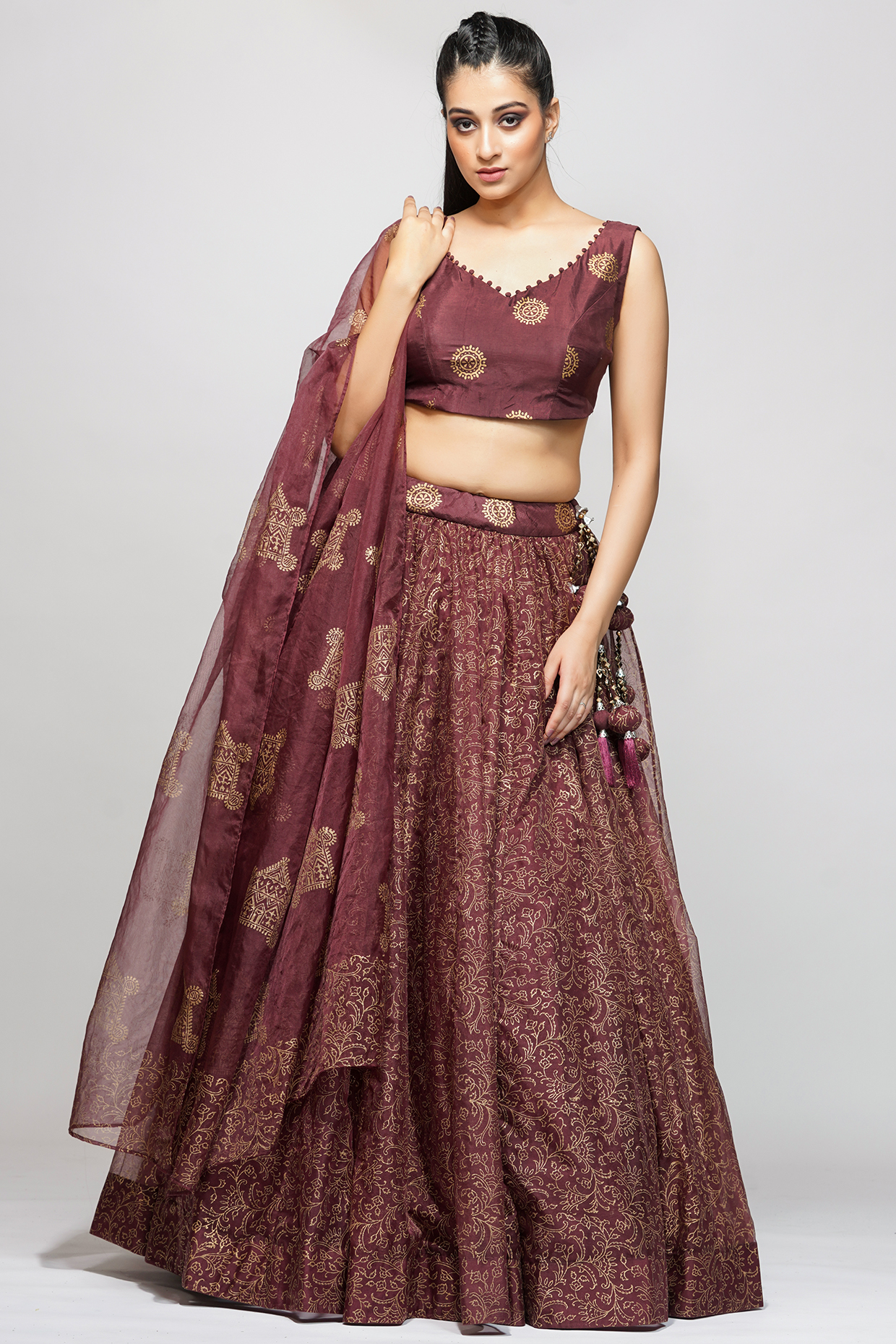 Wine Hand Painted Lehenga Set by Shruti S