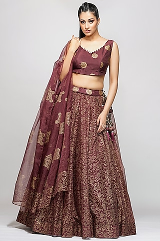 Wine Silk Hand Painted Lehenga Set by Shruti S