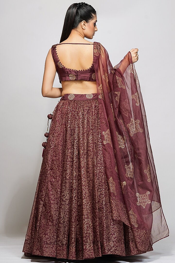 Wine Silk Hand Painted Wedding Lehenga Set by Shruti S at Pernia's Pop Up Shop