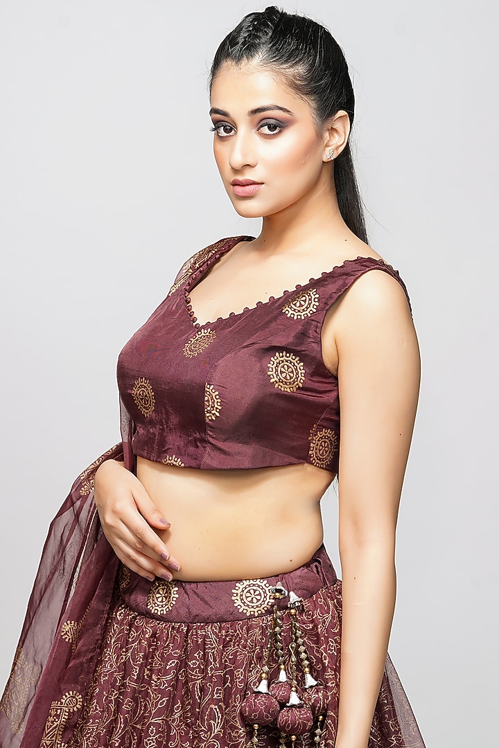 Wine Silk Hand Painted Wedding Lehenga Set by Shruti S at Pernia's Pop Up Shop
