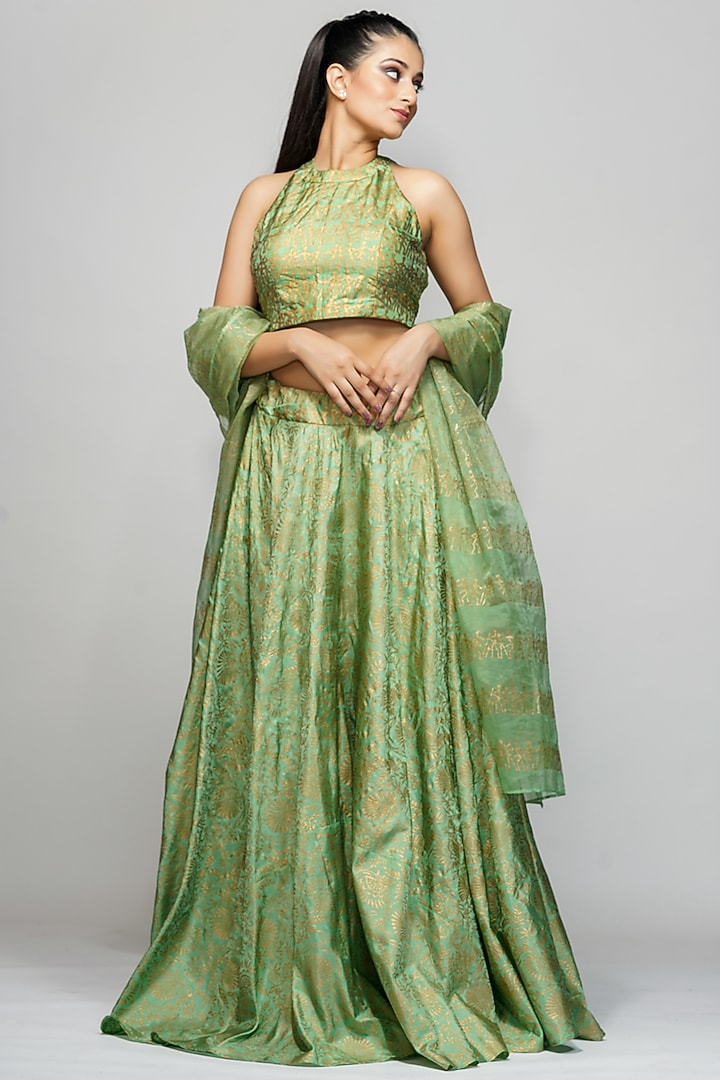Sage Green Hand Painted Wedding Lehenga Set by Shruti S at Pernia's Pop Up Shop