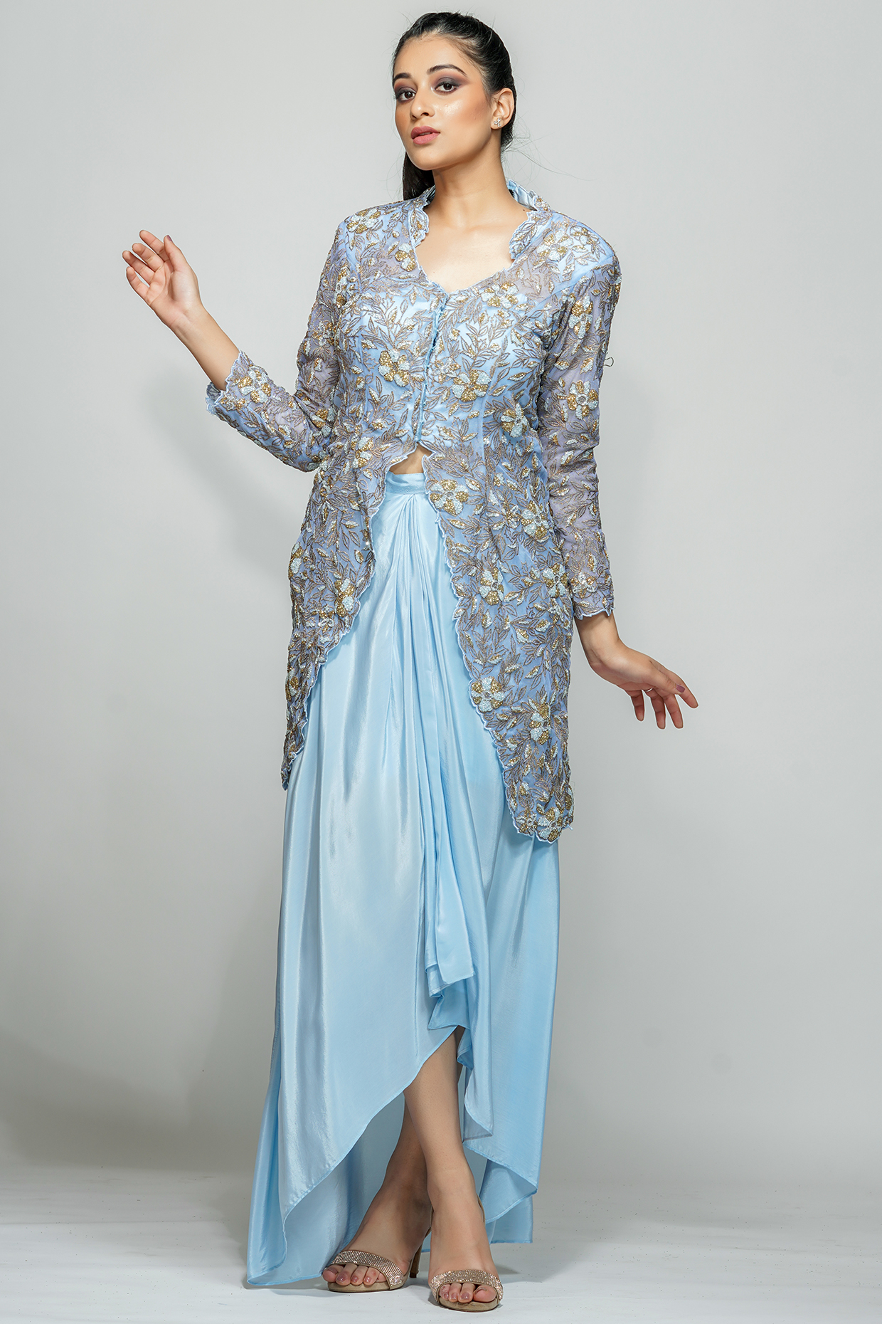 Ice Blue Star Net Jacket Set by Shruti S at Pernia's Pop Up Shop