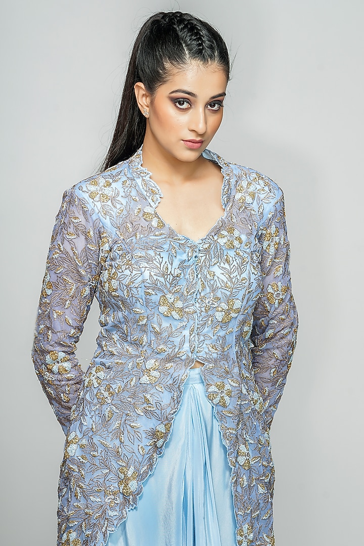 Ice Blue Star Net Jacket Set by Shruti S at Pernia's Pop Up Shop