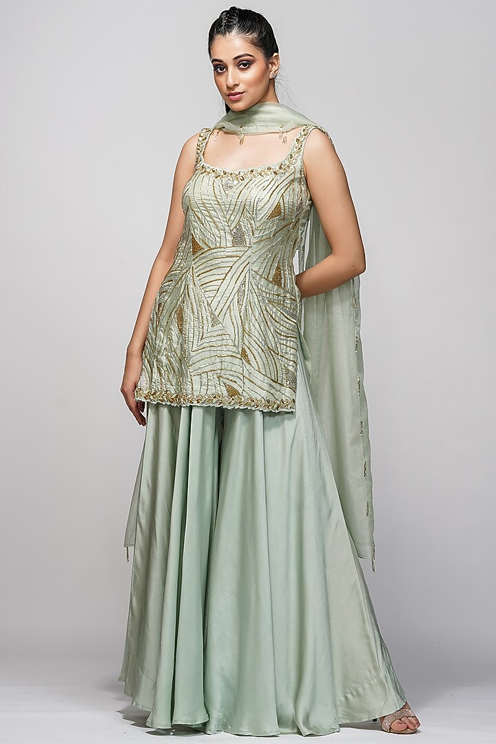 Mint Modal Satin Wedding Sharara Set by Shruti S at Pernia's Pop Up Shop