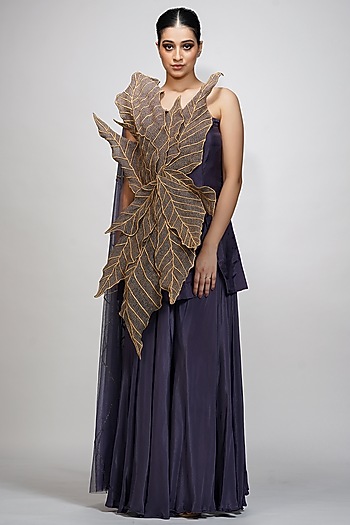 Smoked Purple Crepe Wedding Sharara Set by Shruti S at Pernia's Pop Up Shop