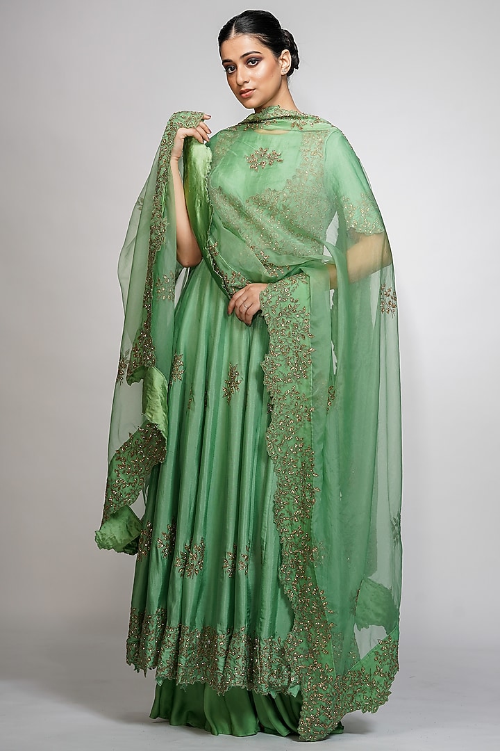 Sage Green Embroidered Bridal Anarkali Set by Shruti S at Pernia's Pop Up Shop