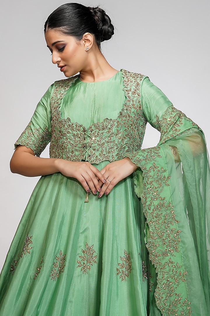 Sage Green Embroidered Bridal Anarkali Set by Shruti S at Pernia's Pop Up Shop