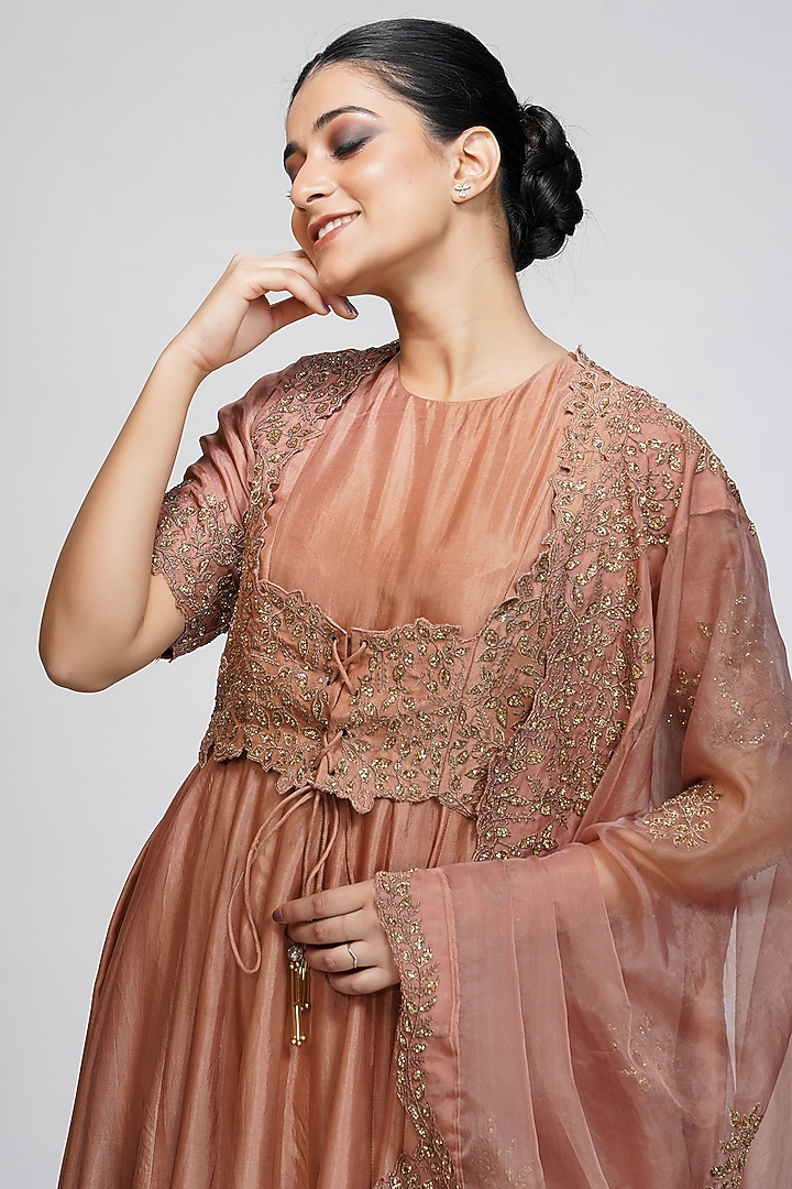Cinnamon Brown Embroidered Wedding Anarkali Set by Shruti S at Pernia's Pop Up Shop