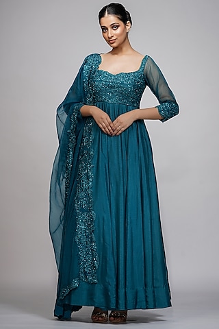 Teal Blue Embroidered Anarkali Set by Shruti S
