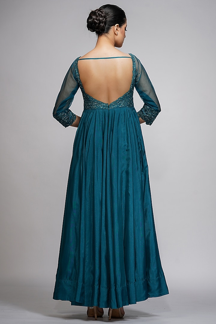 Teal Blue Embroidered Wedding Anarkali Set by Shruti S at Pernia's Pop Up Shop
