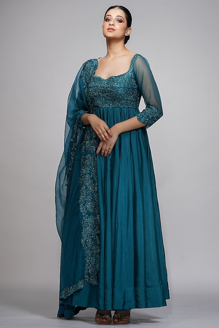 Teal Blue Embroidered Wedding Anarkali Set by Shruti S at Pernia's Pop Up Shop