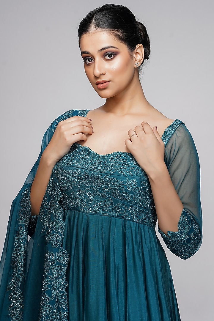 Teal Blue Embroidered Wedding Anarkali Set by Shruti S at Pernia's Pop Up Shop