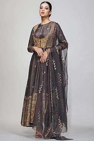 Grey Embroidered Jacket Anarkali Set by Shruti S