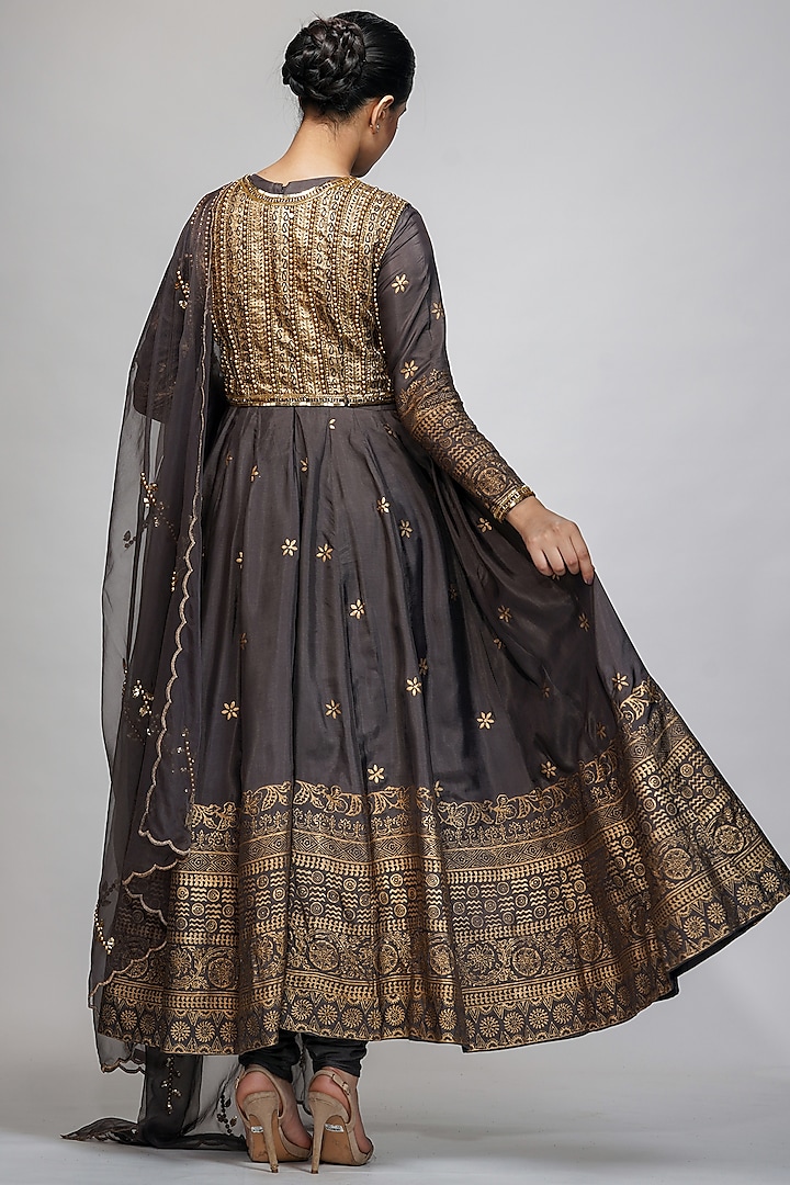 Grey Embroidered Jacket Wedding Anarkali Set by Shruti S at Pernia's Pop Up Shop