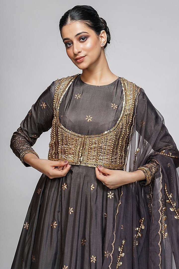 Grey Embroidered Jacket Wedding Anarkali Set by Shruti S at Pernia's Pop Up Shop