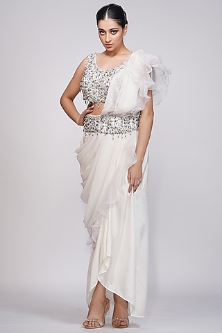 Off-White Silk & Organza Dhoti Saree Set by Shruti S