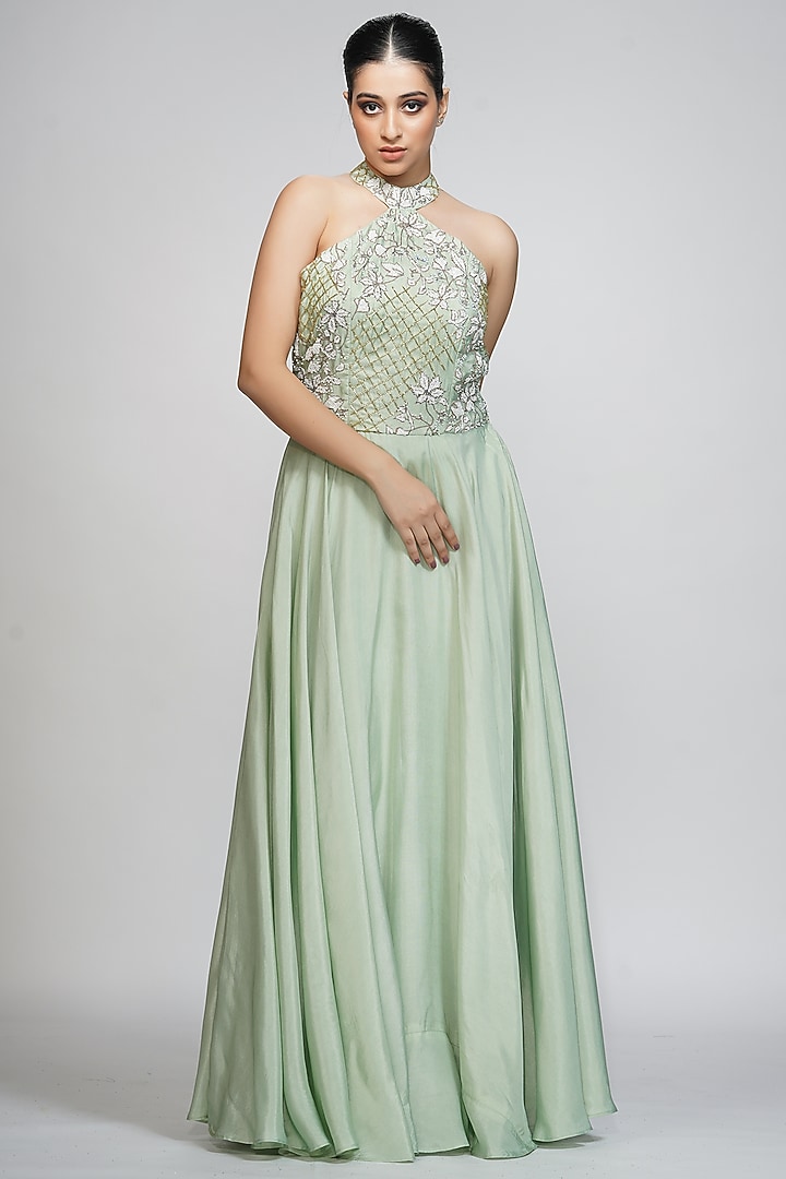 Sea Green Embroidered Engagement Gown  by Shruti S at Pernia's Pop Up Shop