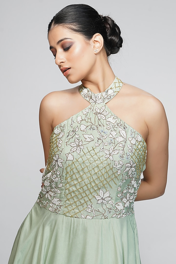 Sea Green Embroidered Engagement Gown  by Shruti S at Pernia's Pop Up Shop