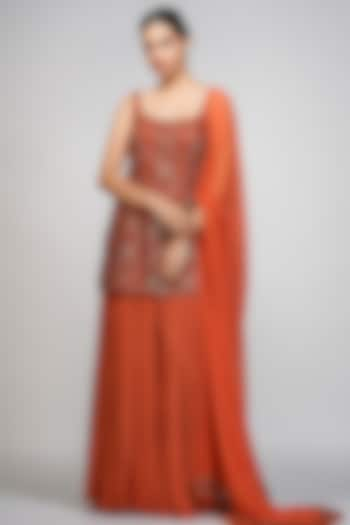 Burnt Orange Crepe Sharara Set by Shruti S at Pernia's Pop Up Shop