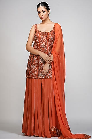 Burnt Orange Crepe Sharara Set by Shruti S