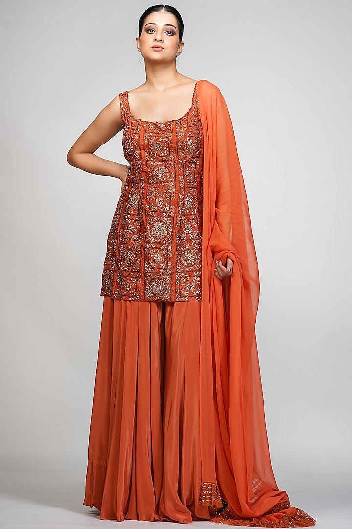 Burnt Orange Crepe Wedding Sharara Set by Shruti S at Pernia's Pop Up Shop