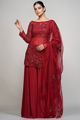 Red Crepe Sharara Set by Shruti S