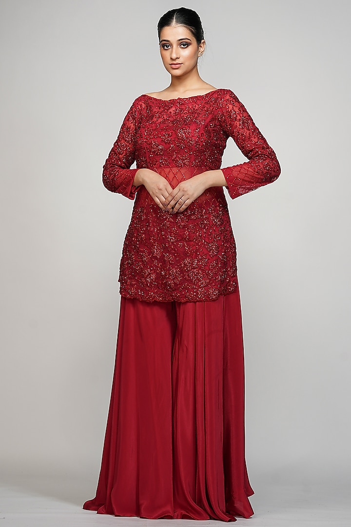 Red Crepe Wedding Sharara Set by Shruti S at Pernia's Pop Up Shop