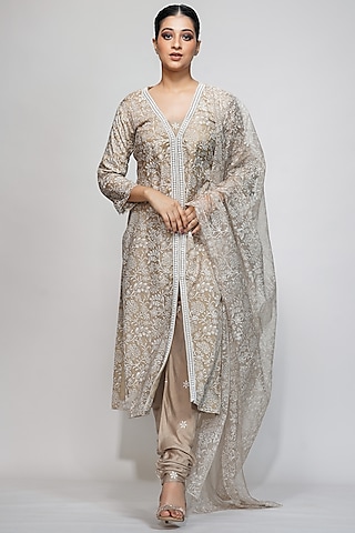 Nude Silk Embroidered Kurta Set by Shruti S