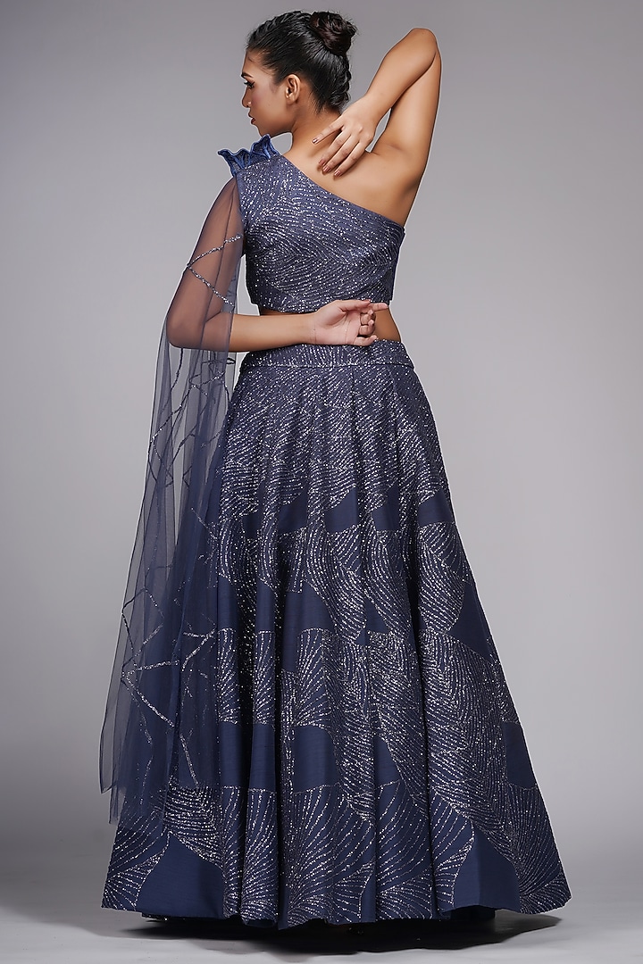 Greyish-Blue Raw Silk Embroidered Wedding Lehenga Set by Shruti S at Pernia's Pop Up Shop